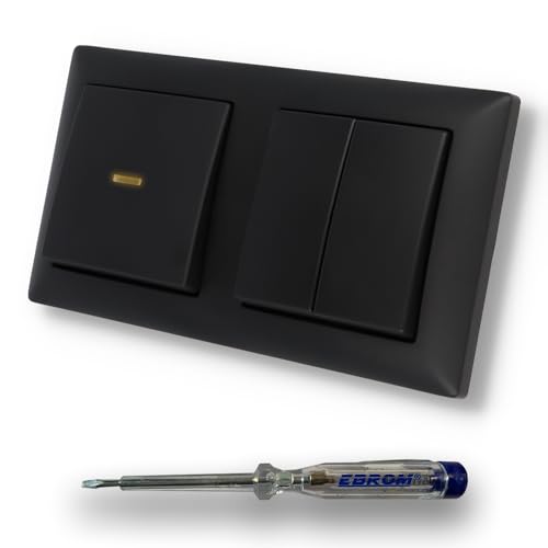 EBROM SET IDEE: BUSCH JÄGER Taster permanent beleuchtet 2020 USGL + Serienstaster Doppeltaster 2020US-205 + Bbblack Wippe (geteilt) + Rahmen - Schwarz MATT ähnlich RAL 9005 + EBROM Phasenprüfer