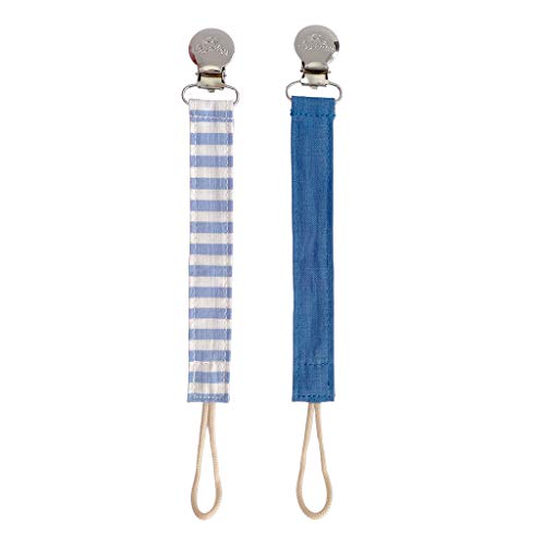 Image of Itzy Ritzy Linen Pacifier Clips; Fabric Pacifier Strap with Clip Keeps Pacifiers & Teethers in Place; includes Universal Attachment Clip and Loop; 2-Pack of Blue and Blue Stripe