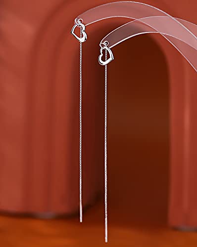 Reffeer Solid 925 Sterling Silver Love Heart Chain Dangle Earrings Drops for Women Teens Heart Tassel Dangle Earrings Threader3