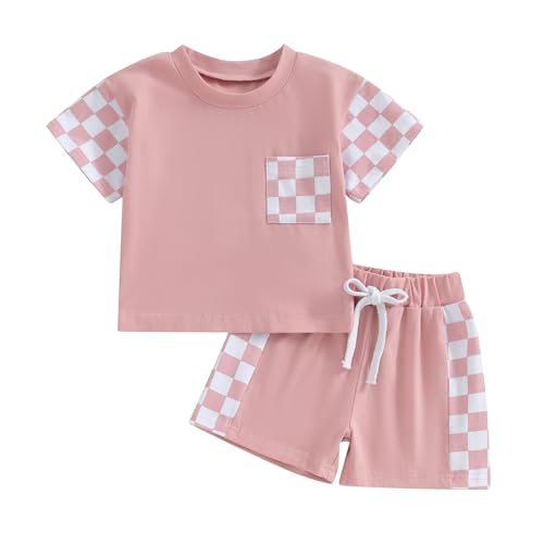 Image of Sejardin Toddler Baby Girl Clothes Summer Outfit Plaid Patchwork Short Sleeve T Shirt Tops and Stretch Casual Shorts Set