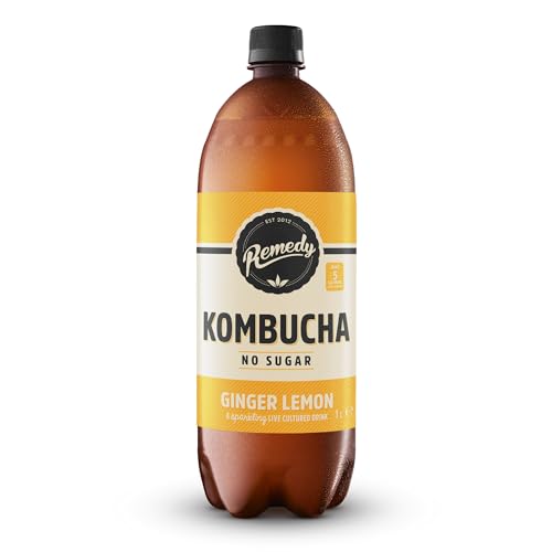 Remedy Kombucha Tea - Ginger Lemon - Sparkling Live Cultured, Naturally Sugar Free Soft Drink - Probiotic for Gut Health - 1 x 1L Bottle