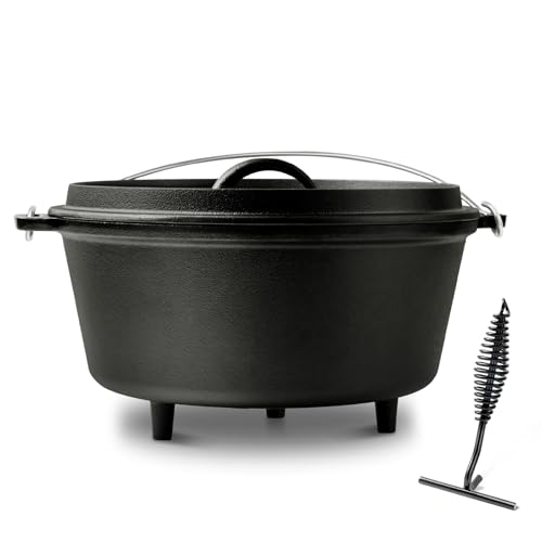 Blingco 8QT Pre-Seasoned Cast Iron Camp Dutch Oven with Lid, Large Camping Dutch Oven Pot, incl. Lid Lifter - Dual Handles - for Outdoor Campfire, Grill, Oven & Stovetop Cooking-Black