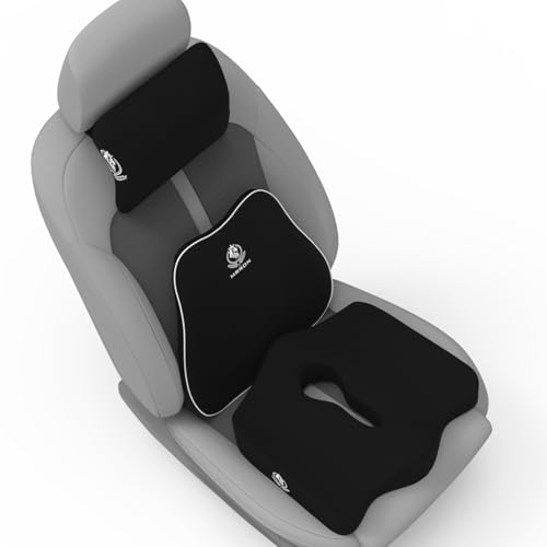 Image of MRRON Memory Foam Posture Corrector Car Seat Cushions Combo | Orthopedic Backrest, Coccyx Cushion & Neckrest | Ergonomic Lumbar Comfort Seat Cushion | Reduces Sciatica, (Black, Slim backrest)