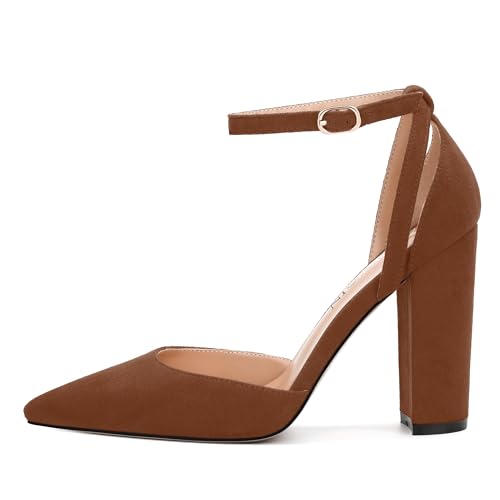 Pointed Toe Pumps - Fashion Ankle Strap Closed Toe Heels, Chunky Heels for Women2