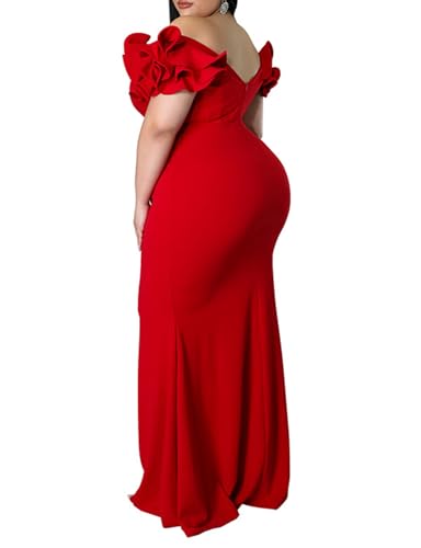 Image of Ekaliy Women's Plus Size Maxi Dress Elegant V-Neck Ruffle Sleeves Bodycon Mermaid Evening Gown