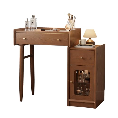 Image of AnywaysWood Luxury 100% Solid Wood Vanity Desk Mid-Century Modern Wooden Makeup Table with Glass Top & Ambient Light, 2-in-1 Vanity and Nightstand with Storage Cabinet for Bedroom (Desk)
