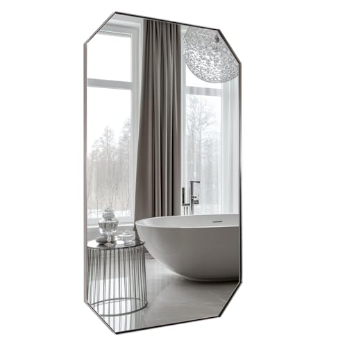Image of ANDY STAR Brushed Nickel Octagon Bathroom Mirror, 24x40 Inch Stainless Steel Metal Frame, Anti-Rust, Shatterproof HD Glass, Wall Mounted for Bathroom, Bedroom, Living Room