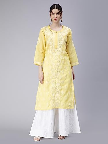 Image of Seva Chikan Hand Embroidered Lucknowi Chikankari Appricot Cotton Kurta Kurti for Women SCL4321
