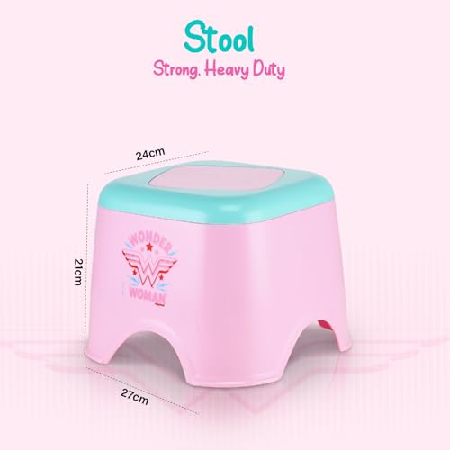 Image of Nayasa Kids Wonder Women Print Bathroom Set of 3 | 18 LTR Bucket, 1 LTR Mug and Stool Combo for Children | Sturdy and Durable | Lightweight and Rigid | Easy to Clean and Attractive Design | Pink