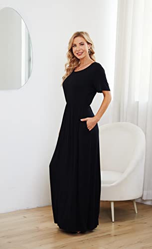 Image of AUOMITH Women's Summer Maxi Dress Short Sleeve Empire Waist with Pockets