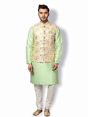 Image of Uri and MacKenzie Men's Silk Blend Regular Kurta Churidar Pyjama with Bundi Nehru Jacket /Waistcoat