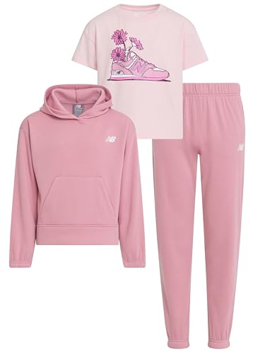 New Balance Girls 3pc Sweatsuit - Cotton Blend Fleece Activewear Set - Pullover Crewneck Hoodie, T-Shirt, Jogger, (4-12)