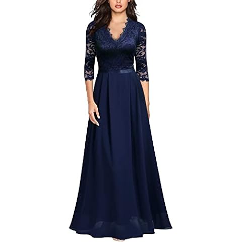 MISSMAY Women's Formal Floral Lace 2/3 Sleeves Long Evening Party Maxi Dress (X-Large, Navy Blue) Cover