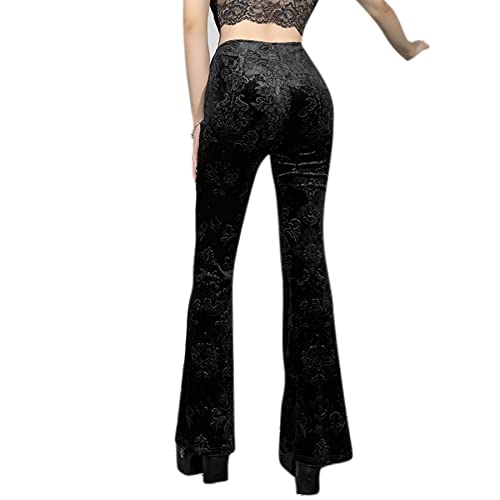 Jumisee Women Goth Velvet Flare Pants Cutout Lace Up High Waist Bell Bottom Trousers #TOP3