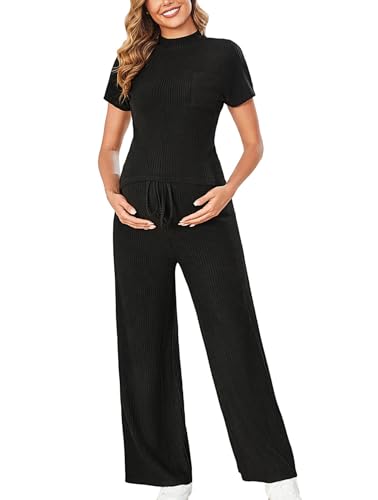 OYOANGLE Women's Maternity Lounge Set 2 Piece Ribbed Knit Short Sleeve Top and Pants Pajama Set Sleepwear