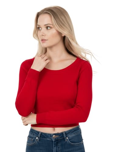 Image of Women's Crop Top Stretch Sweater - Long Sleeve Slim Bodycon Crewneck Casual Basic Solid Cropped Knit Pullover Top