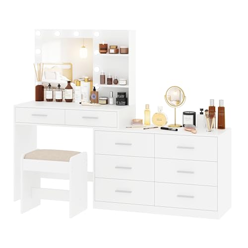 Rovaurx RSZT109WD 65 Inch W Makeup Vanity Set With Mirror And 3-Color Lights, Large Vanity Table With 8 Drawers & Side Storage Shelf, Adjustable Width, Bedroom Dressing Table With Stool, For Women, White Rszt109Wd thumb #6