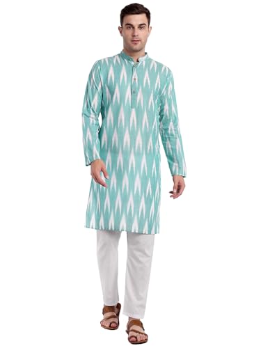Image of SKAVIJ Men's Pure Cotton Printed Kurta Pajama Set Ikat Design Casual Ethnic Dress