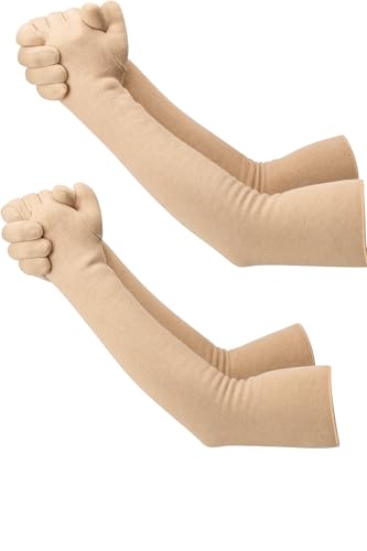Image of Cotton UV Protection Arm Sleeves - Pack of 2 Beige Full Hand Sleeves with Finger Cover | Soft, Stretchable Sun Protection Gloves for Men & Women | Summer Driving, Biking Essentials