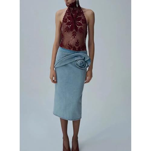 Women's 3D Floral High Waist Denim Pencil Skirt Casual Bodycon Ruffled Wrap Party Jean Midi Skirt 5