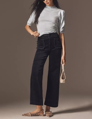 Women Corduroy Wide Leg Pants 2025 Fall Fashion Casual Button Down High Elastic Waist Trousers with Scalloped Pockets3