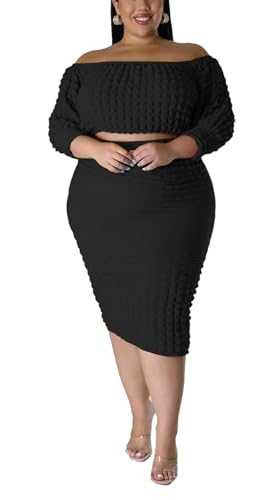 Women Plus Size 2 Piece Outfits Off Shoulder Dresses Set Sexy Crop Top Casual Bodycon Popcorn Midi Skirt Sets Vacation