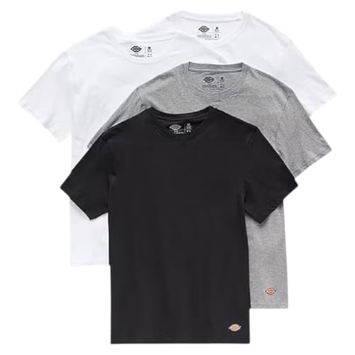 Dickies Men’s Crew Neck Short Sleeve Undershirt 4 Pack (US, Alpha, Medium, Regular, Regular, White/Heather Grey/Black)