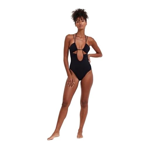 Flirtt Gottex Maiô feminino preto com decote profundo e decote profundo elegante com costas em U e design de frente única essencial, Preto, G