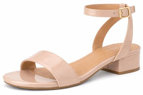 TruFox 1 Inch Low Heel Sandals for Women Dressy Short Black Heels Nude Dress Sandals Strappy Comfortable Sandal for Teen Girls Open Toe Ankle Strap, Nude Patent, 6