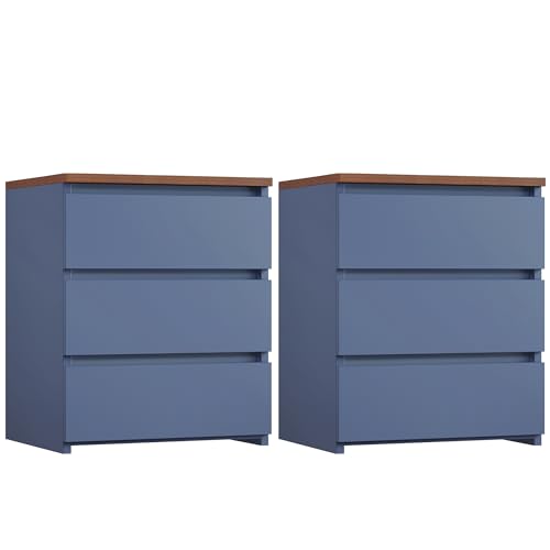 Image of FOTOSOK Nightstand Set of 2 White Nightstand with 3 Drawers, White Bedside Table Night Stand for Bedroom with Cut-Out Handle, Sofa Side Table for Bedroom, Blue