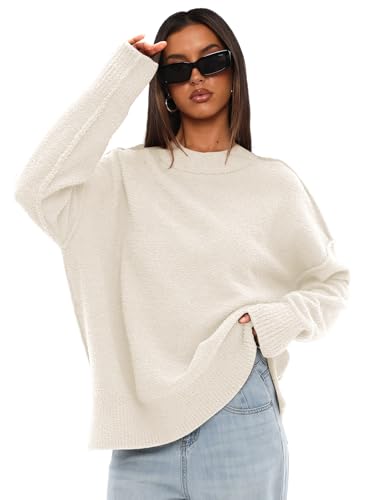 Image of Darong Women Oversized Fuzzy Knit Sweater Long Sleeve Crew Neck Side Slit Pullover Sweaters Fall Winter Tops