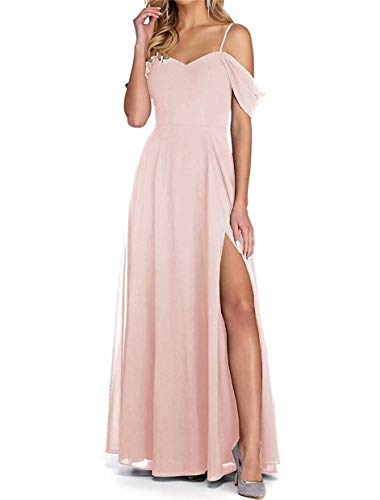 Off The Shoulder Chiffon Blush Pink Bridesmaid Dresses Long Spaghetti Straps Slit Prom Juniors' Dresses