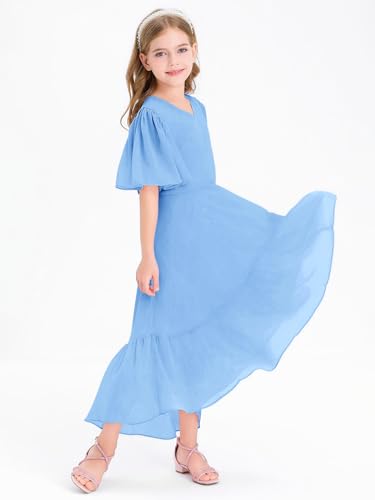 Girls Ruffle Dresses Casual A Line V Neck Short Sleeve Flowy High Low Long Maxi Junior Bridesmaid Party Dress3
