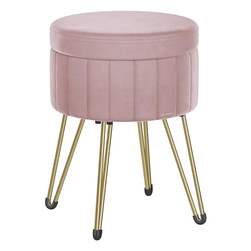 SONGMICS Sgabello Pouf Contenitore, Cassapanca Rotonda, Sgabello Toeletta in Velluto, 39 x 44,4 cm (Diam. x A), 4 Gambe in Metallo, Soggiorno Camera da Letto, Rosa Pastello LOM003R01