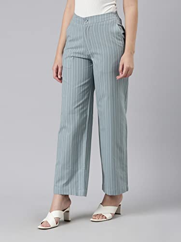 Image of GO COLORS Women Blue Stripe Cotton Wide Pants