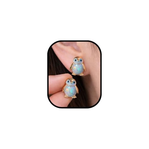Cute Penguin Opal Earrings 14k Gold Plated Funny Earring Tiny Funny Animal Stud Earring White Nature Stone Earrings Dainty Jewelry Gifts for Women