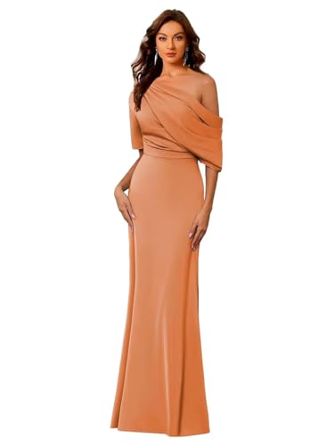 Image of Mermaid Satin Mother of The Bride Dresses for Women Elegant One Shoulder Ruffle Long Formal Evening Gown