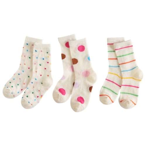 3 Pairs Girls’ Thin Crew Socks for Summer Spring, Cute Cotton Mesh Colorful Mid-calf Socks with Ruffle Trim Polka Dot