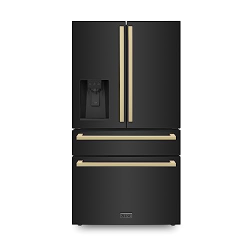 ZLINE 36' Autograph Edition 21.6 cu. ft 4-Door French Door Refrigerator with Water and Ice Dispenser in Black Stainless Steel with Champagne Bronze Square Handles (RFMZ-W36-BS-FCB)