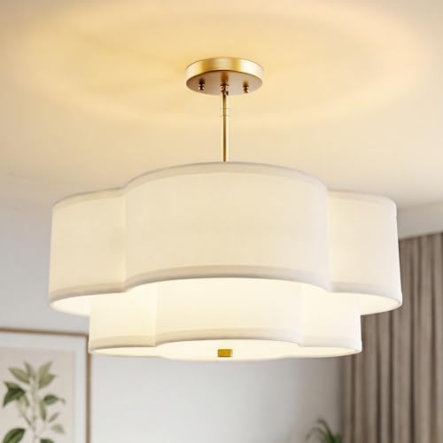 Image of 18 inch Chandelier, 3-Light Gold Pendant Light Fixtures with Dual Layer White Fabric Shade in Quatrefoil Shape, Double Drum Chandeliers for Dining Room Kitchen Living Room Bedroom, AD-22007-3P-GD
