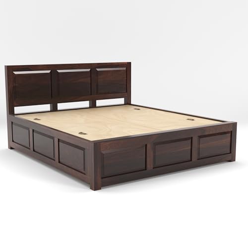 Image of Sheesham Wood King Size Bed with Storage Box | Wooden Box Bed King Size Double Cot Bed with Storage for Bedroom | Premium 3 Dalla Design Headboard Bed for Hotel, Home | Walnut Finish