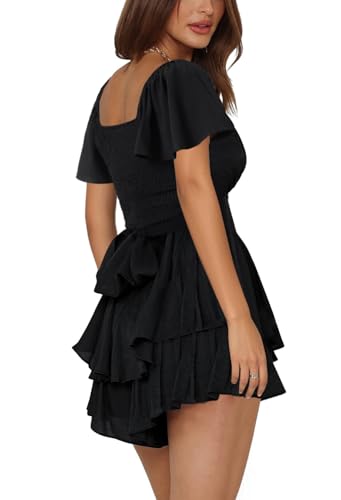 Image of Rooscier Women's Jumpsuit Short Sleeve Ruffle Layer Square Neck Tie Mini Short Rompers
