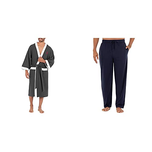 Izod Men's Waffle Knit Kimono Robe, Charcoal Heather, One Size & Jersey Knit Sleep Pant, Navy, Small #TOP16
