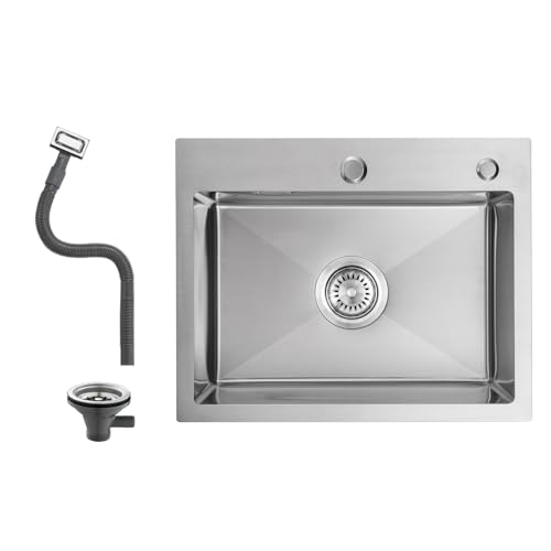 OUGOO Spülbecken 50 x 40 cm, Klassische Einbauspüle Edelstahl 304 mit 2 Hahnlöcher, Küchenspüle mit Siebkorbventil und Überlauf, 1 becken Edelstahlspüle für ab 50 cm Unterschrank, Gebürstet
