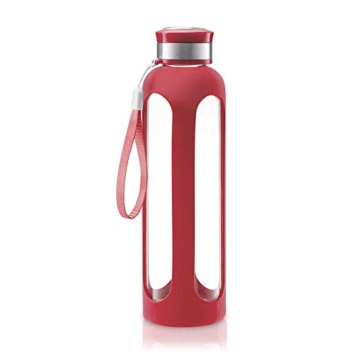Swig Savvy Glass Water Bottle Wide Mouth Leakproof Lid, Silicone Sleeve, 20 oz (Red)