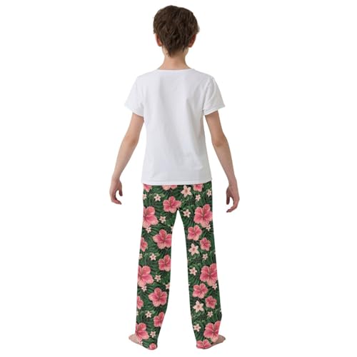 ZZXXB Pink Tropical Flowers Boys Long Pants Soft Trousers Elastic Waist Kids Lounge Bottoms with Pockets S-XL3