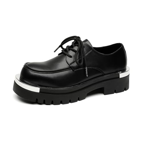 Mens Fashion Lace-Up Metal-Plate Leather Platform Oxfords Shoes Casual Round Toe Non-Slip Chunky Heels Derby Shoes for Business Casual Dress Prom Party