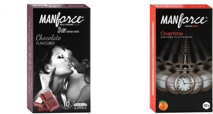 MANFORCE Chocolate flavor condom - 10 Pieces & 3 in 1 Condoms (Ribbed Contour Dotted) Overtime Orange Flavoured- 10 Pieces Condom (Pack of 2 20 Sheets)-image-0