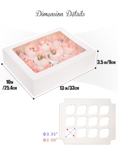 Image of Bakepacker Auto-pop Up Cupcake Boxes with Window White 40PCS 12 Count Cupcake Box 13 inchx10 inchx3.5 inch Cupcakes Carrier, 12 Cupcake Containers with 2 rolls of pink ribbons