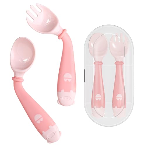 Image of Deejoy Toddler Utensils, Self-feeding Flatware Set withTravel Case, Baby Spoons and Forks with Silicone Bendable Handle, Easy Grip Heat-Resistant, Ideal for Kids, Stage 2 Pink